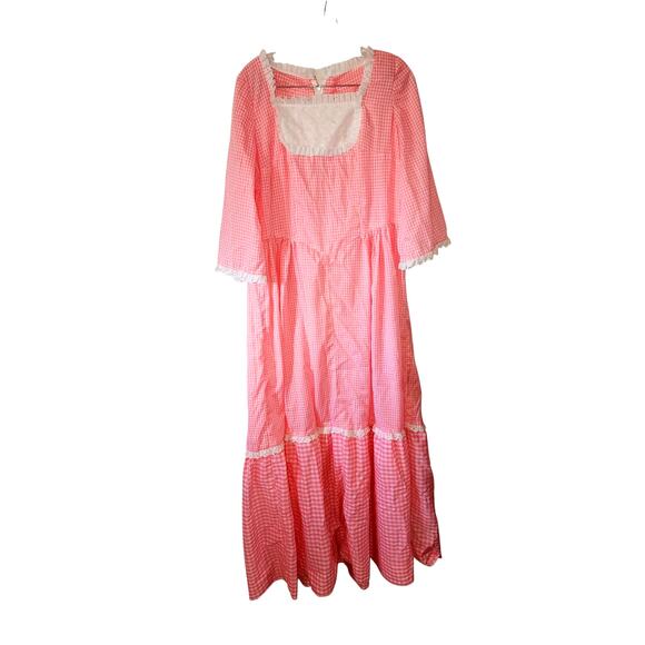 Vintage Handmade Pink Gingham Prairie Cottagecore Lace Maxi Dress L/XL - Picture 2 of 7